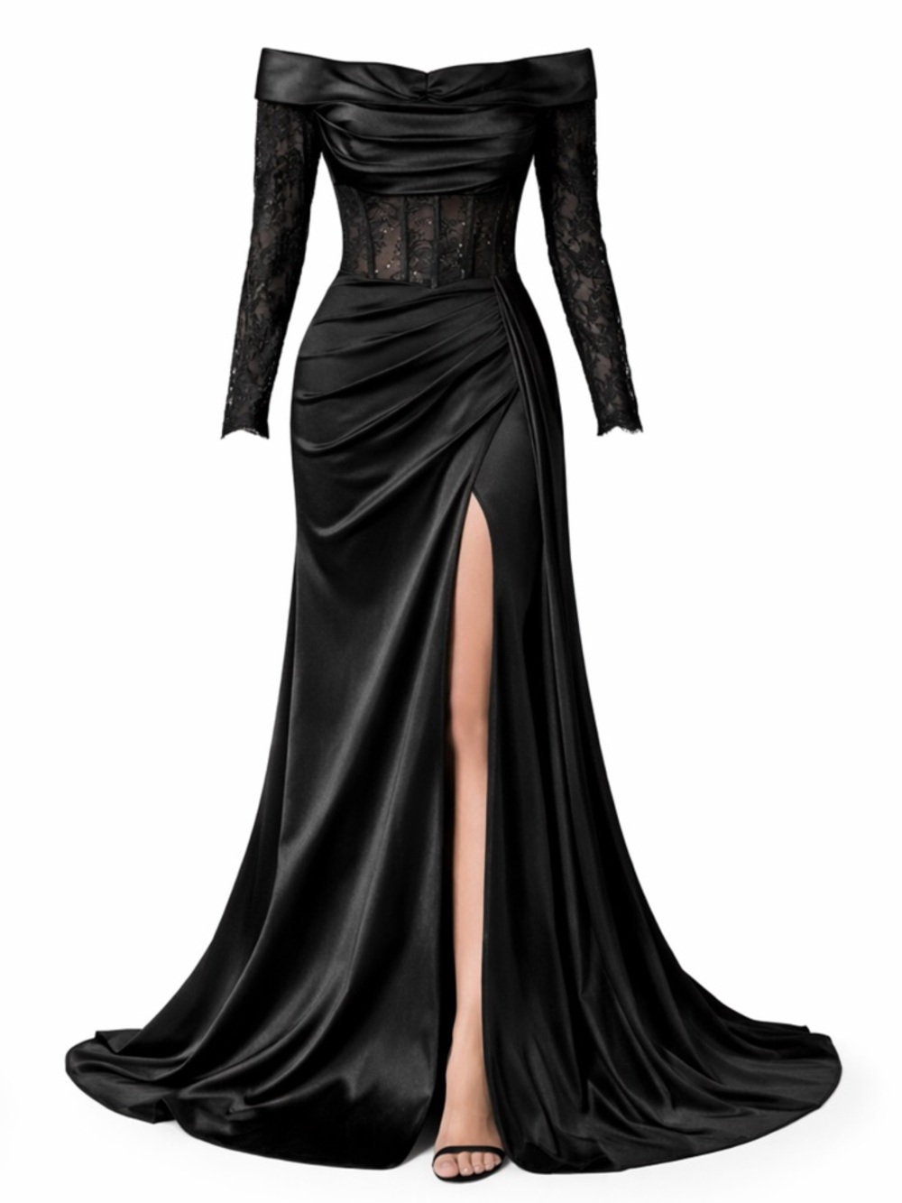 Black Off-Shoulder Lace Sleeve Maxi Dress with High Slit